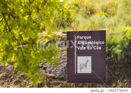 Parque Arqueologico Vale do Coa sign in Portugal 140375654