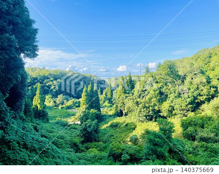 青空と新緑の山並みが美しい風景 青空と新緑の山並みが美しい風景 140375669