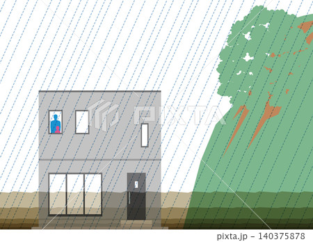 水害、がけ崩れの危険のある戸建て。垂直避難する人。 水害、がけ崩れの危険のある戸建て。垂直避難する人。 140375878