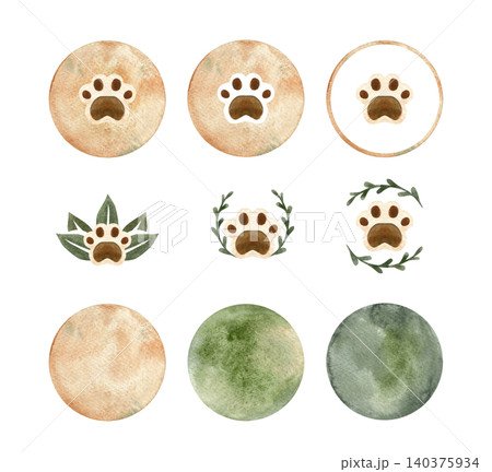 Paw icon set in a circle with leaves. Watercolor symbols for cruelty-free packaging, not tested on animals, pet-friendly. Paw icon set in a circle with leaves. Watercolor symbols for cruelty-free packaging, not tested on animals, pet-friendly. 140375934