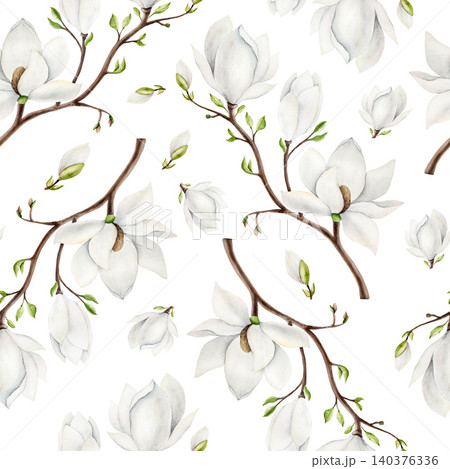 Magnolia branch with white flowers seamless pattern. Watercolor hand drawn spring lush blossom with green buds on a tree illustration isolated on background, transparent png. Botanical and wedding 140376336