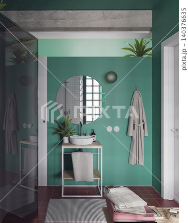 Modern bathroom interior with green walls and red tiled floor. 3D rendering of a washbasin with round mirror and hanging bathrobe. Contemporary home decor Modern bathroom interior with green walls and red tiled floor. 3D rendering of a washbasin with round mirror and hanging bathrobe. Contemporary home decor 140376635