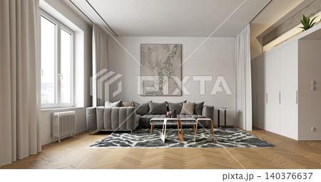 Modern living room interior with a grey sectional sofa and herringbone wood floor. 3D render of a contemporary apartment lounge featuring natural daylight and minimalist decor Modern living room interior with a grey sectional sofa and herringbone wood floor. 3D render of a contemporary apartment lounge featuring natural daylight and minimalist decor 140376637
