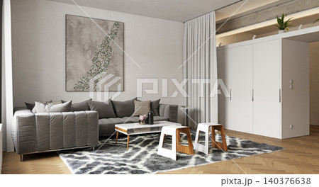 3D render of a modern living room interior. Contemporary apartment design featuring a grey tufted sofa, marble coffee table, and abstract wall art 140376638