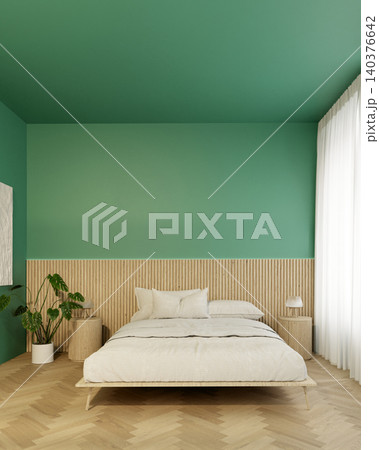 Vertical 3D rendering of a modern minimalist bedroom. Green walls and ceiling with light wood slatted headboard and platform bed. Copy space for text 140376642