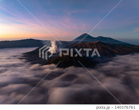 Amazing Mount Bromo volcano during sunrise from king kong viewpoint on Mountain Penanjakan in Bromo Tengger Semeru National Park,East Java,Indonesia.Nature landscape background 140376761