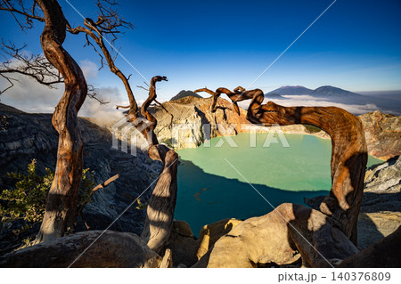 Aerial view of rock cliff at Kawah Ijen volcano with turquoise sulfur water lake at sunrise.Amazing nature landscape view at East Java, Indonesia. Natural landscape background 140376809