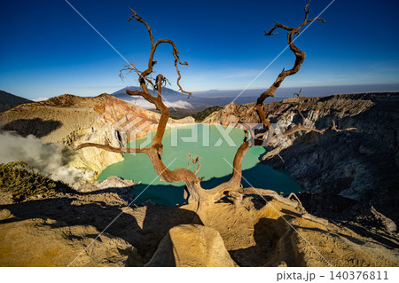 Aerial view of rock cliff at Kawah Ijen volcano with turquoise sulfur water lake at sunrise.Amazing nature landscape view at East Java, Indonesia. Natural landscape background Aerial view of rock cliff at Kawah Ijen volcano with turquoise sulfur water lake at sunrise.Amazing nature landscape view at East Java, Indonesia. Natural landscape background 140376811