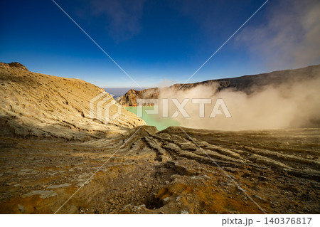 Aerial view of rock cliff at Kawah Ijen volcano with turquoise sulfur water lake at sunrise.Amazing nature landscape view at East Java, Indonesia. Natural landscape background Aerial view of rock cliff at Kawah Ijen volcano with turquoise sulfur water lake at sunrise.Amazing nature landscape view at East Java, Indonesia. Natural landscape background 140376817