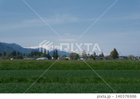 緑の畑越しに白い山を望む清々しい風景 緑の畑越しに白い山を望む清々しい風景 140376986