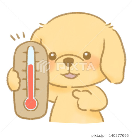 温度計を指さして注意を促す犬 適温の場合 絵本風手描きイラスト 温度計を指さして注意を促す犬 適温の場合 絵本風手描きイラスト 140377096