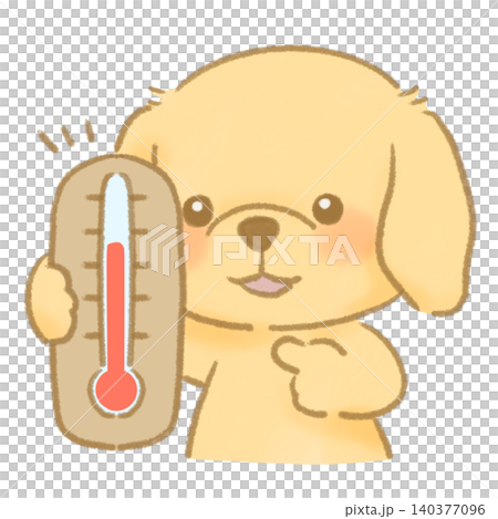 A dog points to a thermometer to warn the owner; the temperature is just right. (Picture book style hand-drawn illustration) A dog points to a thermometer to warn the owner; the temperature is just right. (Picture book style hand-drawn illustration) 140377096