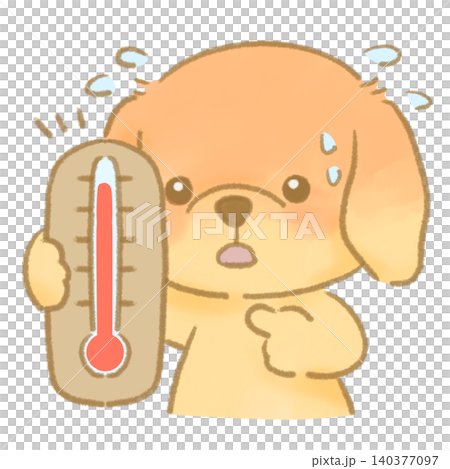温度計を持ってとても暑そうにしている犬 絵本風手描きイラスト 温度計を持ってとても暑そうにしている犬 絵本風手描きイラスト 140377097