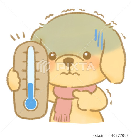 温度計を持ってとても寒そうにしている犬 絵本風手描きイラスト 温度計を持ってとても寒そうにしている犬 絵本風手描きイラスト 140377098