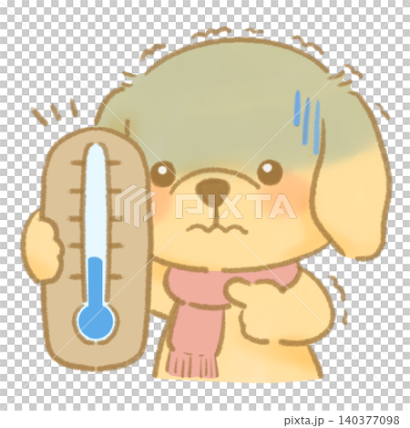 温度計を持ってとても寒そうにしている犬 絵本風手描きイラスト 温度計を持ってとても寒そうにしている犬 絵本風手描きイラスト 140377098