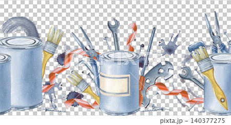 Watercolor renovation tools seamless horizontal border with hand-drawn paint cans and hardware instruments on isolated background Watercolor renovation tools seamless horizontal border with hand-drawn paint cans and hardware instruments on isolated background 140377275