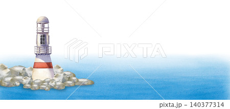 Horizontal watercolor sea background with a lighthouse on the rocks and blue ocean waves with an empty space to copy. For travel agency website headers, nautical themed banners, and advertising text Horizontal watercolor sea background with a lighthouse on the rocks and blue ocean waves with an empty space to copy. For travel agency website headers, nautical themed banners, and advertising text 140377314