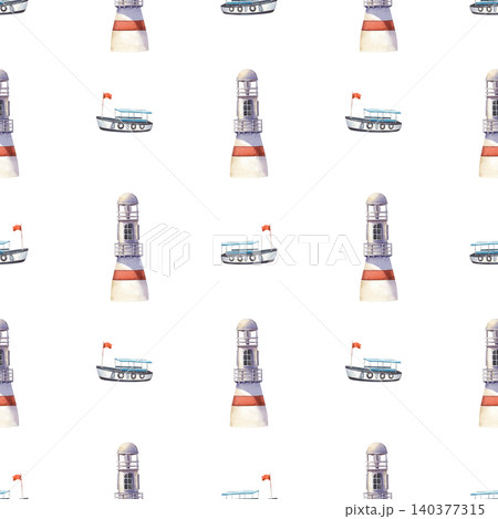 Watercolor marine seamless pattern with hand-drawn lighthouse and boat isolated on white background. For children apparel, boy bedroom wallpaper, fabric print, and wrapping paper. Watercolor marine seamless pattern with hand-drawn lighthouse and boat isolated on white background. For children apparel, boy bedroom wallpaper, fabric print, and wrapping paper. 140377315