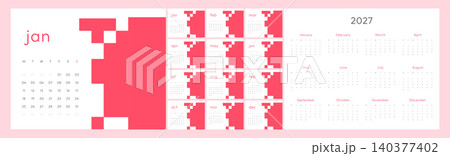 2027 Monthly Calendar Template Set with Monday Start, Modern Pink Pixel Style Design, Minimal Printable Planner Pages and Annual Overview 2027 Monthly Calendar Template Set with Monday Start, Modern Pink Pixel Style Design, Minimal Printable Planner Pages and Annual Overview 140377402
