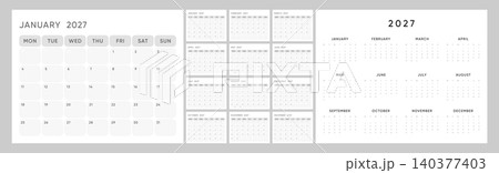 2027 Monthly Calendar Template Set with Monday Start, Clean Gray Minimal Planner Layout, Rounded Grid Pages and Annual Overview 2027 Monthly Calendar Template Set with Monday Start, Clean Gray Minimal Planner Layout, Rounded Grid Pages and Annual Overview 140377403