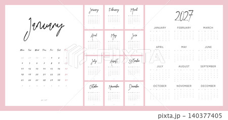 2027 Monthly Calendar Template Set with Monday Start, Elegant Handwritten Script Design, Minimal Printable Planner Pages and Annual Overview 2027 Monthly Calendar Template Set with Monday Start, Elegant Handwritten Script Design, Minimal Printable Planner Pages and Annual Overview 140377405