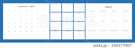 2027 Monthly Calendar Template Set with Monday Start, Minimal Blue Layout, Clean Printable Planner Pages and Annual Overview 2027 Monthly Calendar Template Set with Monday Start, Minimal Blue Layout, Clean Printable Planner Pages and Annual Overview 140377407