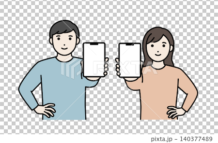A man and a woman showing each other their smartphone screens. 140377489