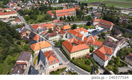 Historic Friesach viewed from drone in summer time Historic Friesach viewed from drone in summer time 140377584