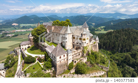 Drone view iconic Hochosterwitz Castle under summer sun Drone view iconic Hochosterwitz Castle under summer sun 140377585
