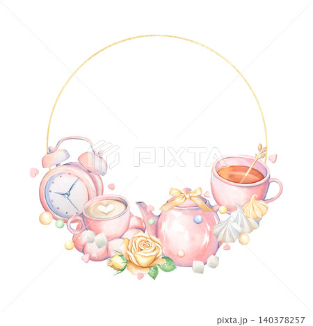 A tea-themed watercolor frame with a text template. A wreath from a tea set. Coffee, sweets, and an alarm clock are hand-drawn. A round, coquette-style frame for packaging, printing, and design. A tea-themed watercolor frame with a text template. A wreath from a tea set. Coffee, sweets, and an alarm clock are hand-drawn. A round, coquette-style frame for packaging, printing, and design. 140378257