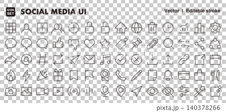 ソーシャルメディアUIのアイコンセット(細線・ベクター素材)SNS、Web、アプリ用ベクター素材 ソーシャルメディアUIのアイコンセット(細線・ベクター素材)SNS、Web、アプリ用ベクター素材 140378266
