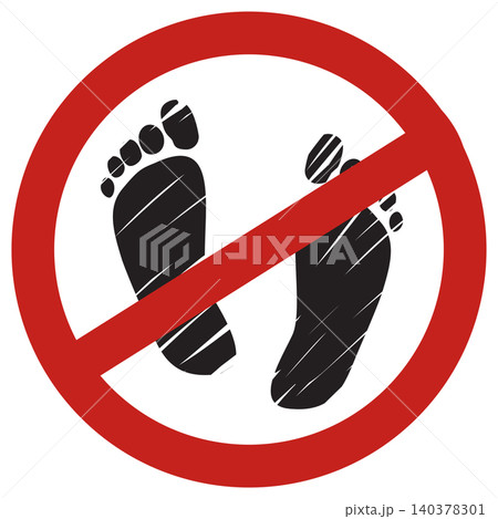 Black Barefoot Track Print Feet with Red Forbidden Round Symbol Black Barefoot Track Print Feet with Red Forbidden Round Symbol 140378301