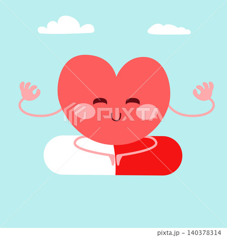 Heart Mascot Doing Yoga on Pill for Holistic Medicine Concept Heart Mascot Doing Yoga on Pill for Holistic Medicine Concept 140378314