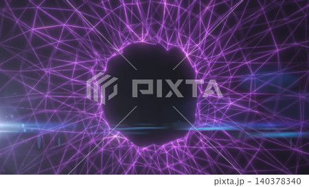 Close-up purple wireframe network surrounding a dark circular void, suggesting data flow, virtual space, and futuristic technology. 140378340