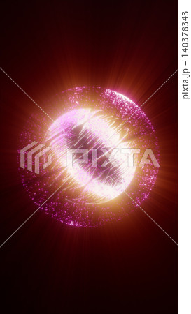Glowing magenta particle sphere with bright horizontal flare, creating a futuristic cosmic energy and digital plasma effect. 140378343