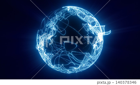 Glowing abstract blue sphere made of flowing light trails and digital lines on a dark background, symbolizing energy, data, and futuristic technology Glowing abstract blue sphere made of flowing light trails and digital lines on a dark background, symbolizing energy, data, and futuristic technology 140378346