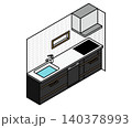 壁付けシステムキッチンとレンジフードのアイソメトリックイラスト 140378993