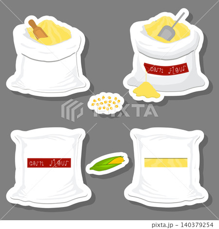 Illustration on theme big set different types sacks filled raw product corn flour Illustration on theme big set different types sacks filled raw product corn flour 140379254