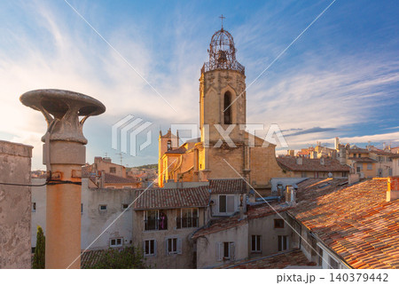 Historic Church Tower Above Rooftops in Aix en Provence France Historic Church Tower Above Rooftops in Aix en Provence France 140379442