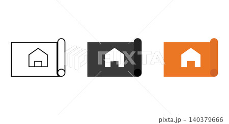 Minimal house blueprint icon collection in outline, solid, and colored styles. Ideal for architecture, construction, real estate, planning, engineering, and property design concepts. 140379666