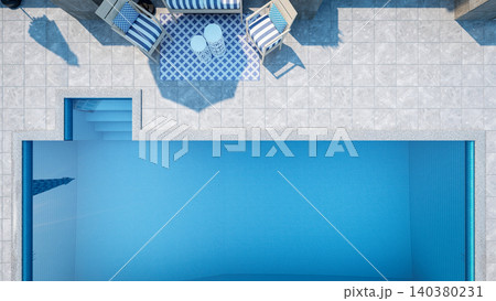 Top view of luxury rooftop swimming pool and modern patio lounge, 3D Rendering Top view of luxury rooftop swimming pool and modern patio lounge, 3D Rendering 140380231