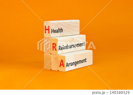 HRA health reimbursement arrangement symbol. Concept words HRA health reimbursement arrangement on beautiful wooden blocks. Beautiful orange background. Medical HRA concept. Copy space. HRA health reimbursement arrangement symbol. Concept words HRA health reimbursement arrangement on beautiful wooden blocks. Beautiful orange background. Medical HRA concept. Copy space. 140380329
