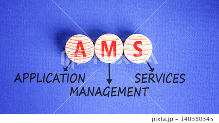 AMS application management services symbol. Concept words AMS application management services on beautiful wooden circles. Beautiful blue background. Business AMS concept. Copy space. 140380345