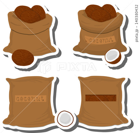 Big nut set from tasty coconut in large textured sacks 140380432