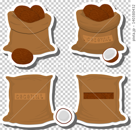 Big nut set from tasty coconut in large textured sacks 140380432