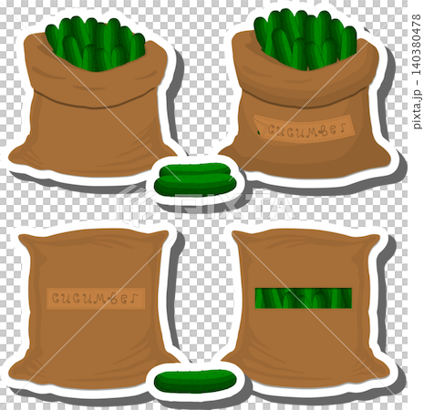 Big vegetable set from tasty cucumber in large textured sacks 140380478