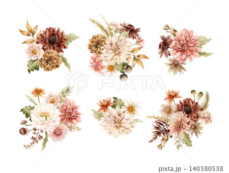 Autumn flower bouquets. Dahlia Chrysanthemum Astra Arrangements. Watercolor hand drawn floral illustration isolated on white background fall design wedding home textile cosmetic package crockery 140380538