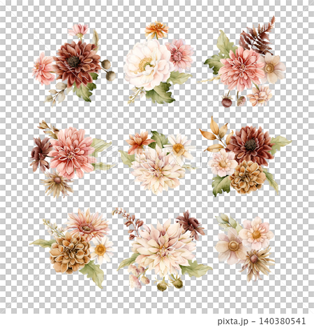 Autumn flower bouquets. Dahlia Chrysanthemum Astra Arrangements. Watercolor hand drawn floral illustration isolated on white background fall design wedding home textile cosmetic package crockery Autumn flower bouquets. Dahlia Chrysanthemum Astra Arrangements. Watercolor hand drawn floral illustration isolated on white background fall design wedding home textile cosmetic package crockery 140380541