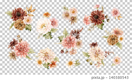 Autumn flower bouquets. Dahlia Chrysanthemum Astra Arrangements. Watercolor hand drawn floral illustration isolated on white background fall design wedding home textile cosmetic package crockery Autumn flower bouquets. Dahlia Chrysanthemum Astra Arrangements. Watercolor hand drawn floral illustration isolated on white background fall design wedding home textile cosmetic package crockery 140380543
