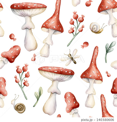 Cute Fly Agaric Mushrooms Red Berries Snail Dragonfly Seamless Pattern. Watercolor summer floral forest illustration hand painted isolated on white background nursery design fresh prints home textile 140380606